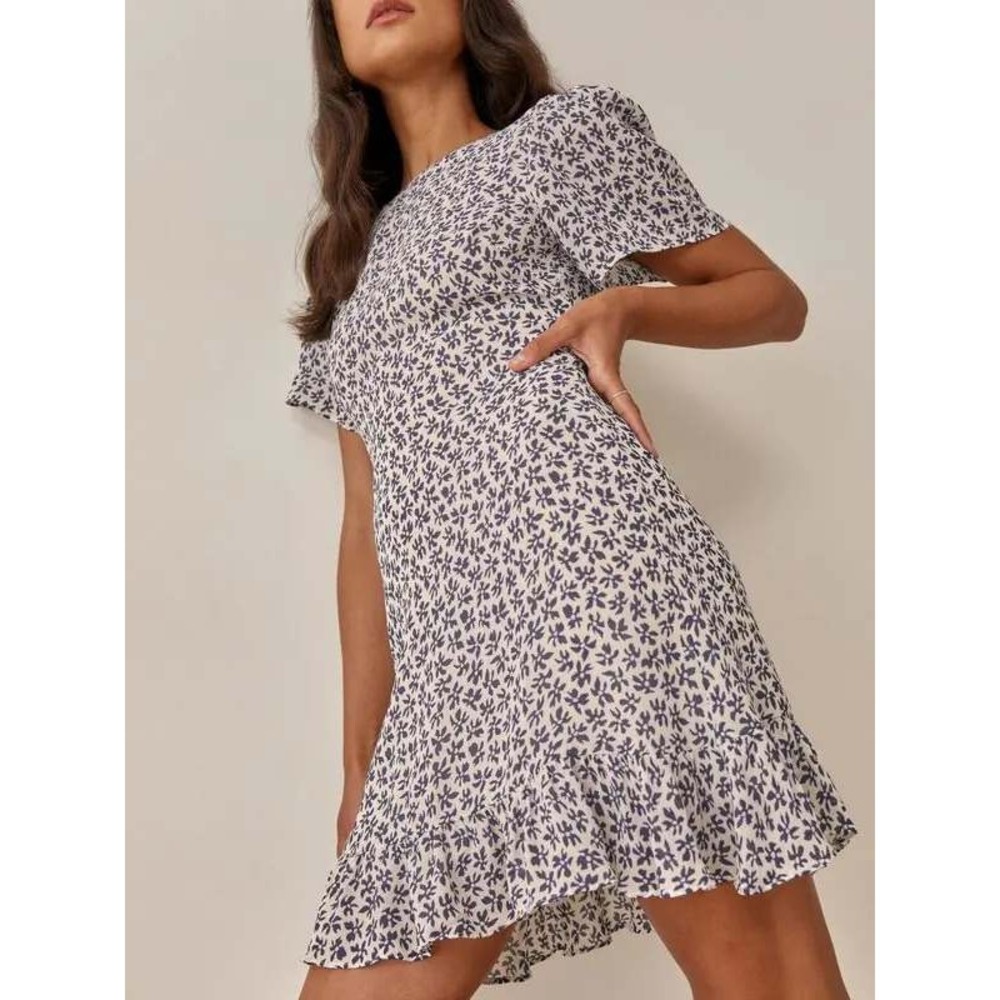 Reformation Beesley Mini Dress Bombay Puff Short Sleeves Ruffle Hem Size 2